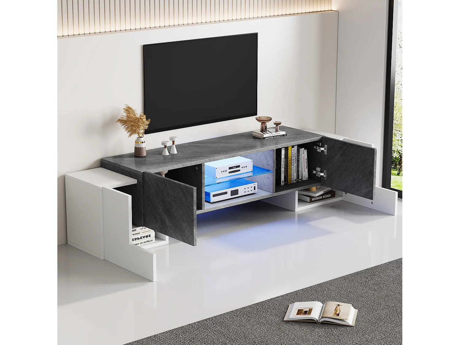 Meuble TV bas avec éclairage LED - Support TV avec 4 portes, étagères en verre - Blanc et gris