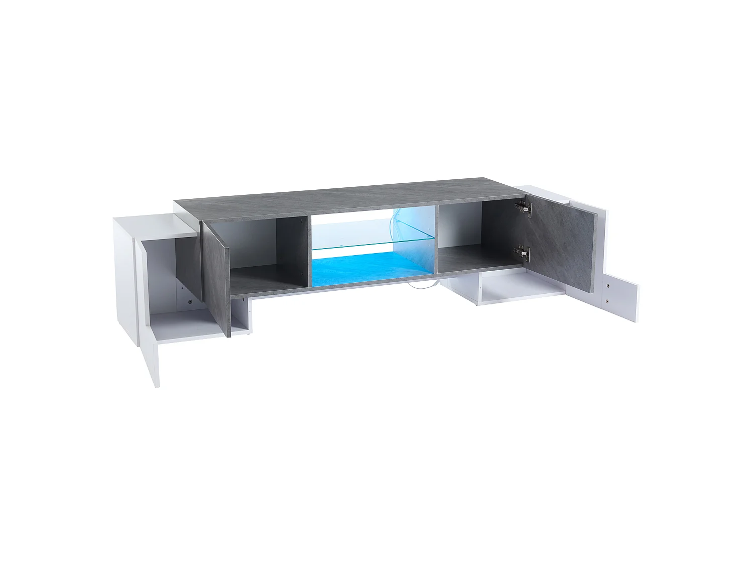 Meuble TV bas avec éclairage LED - Support TV avec 4 portes, étagères en verre - Blanc et gris
