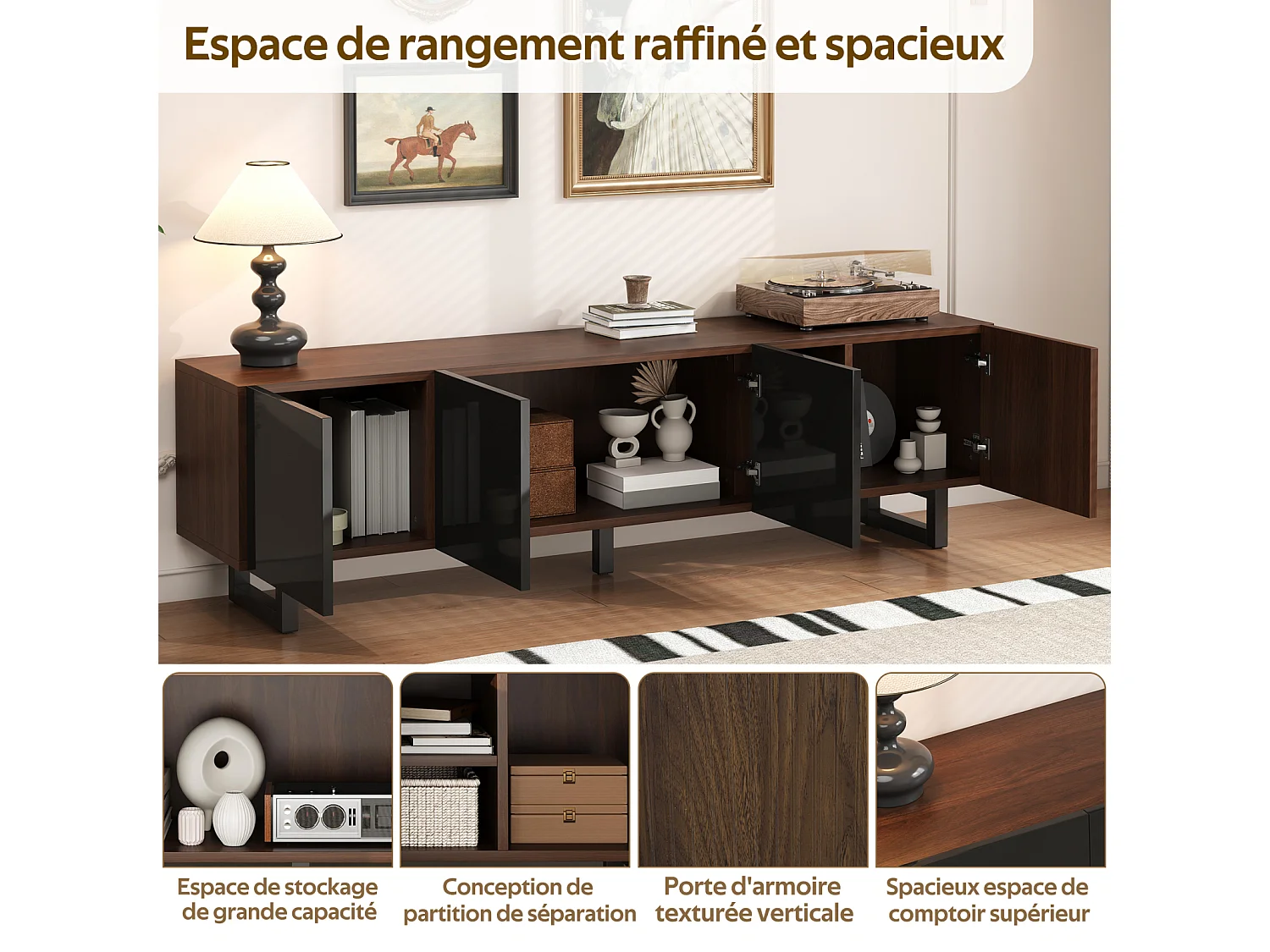 180cm tv-meubel met 4 deuren, vintage houtdesign, modern dressoir met veel opbergruimte