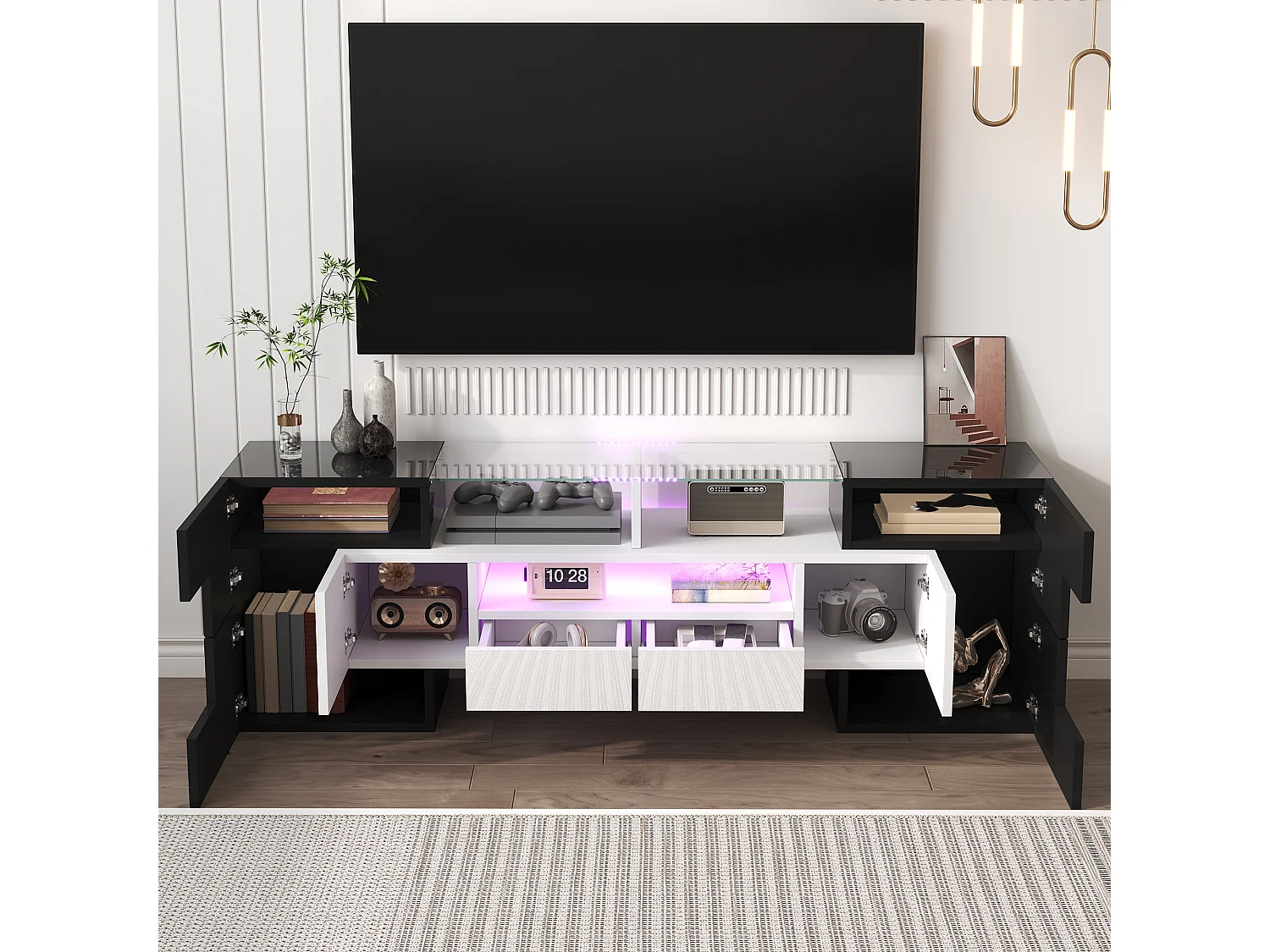 Mueble de TV moderno de alto brillo con iluminación LED, 4 puertas y 2 cajones, espacio de almacenamiento abierto, color negro