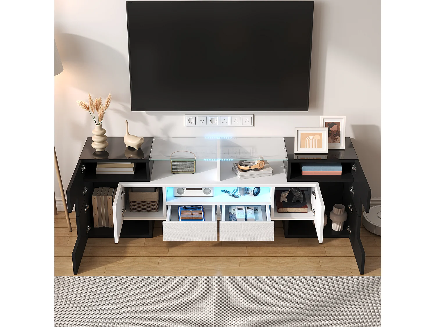 Mueble de TV moderno de alto brillo con iluminación LED, 4 puertas y 2 cajones, espacio de almacenamiento abierto, color negro