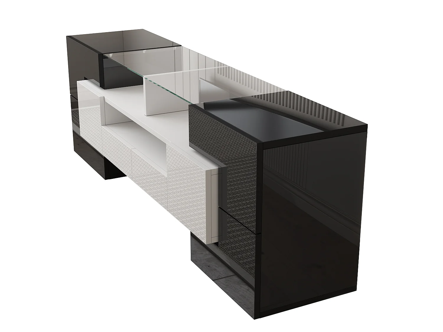 Mueble de TV moderno de alto brillo con iluminación LED, 4 puertas y 2 cajones, espacio de almacenamiento abierto, color negro