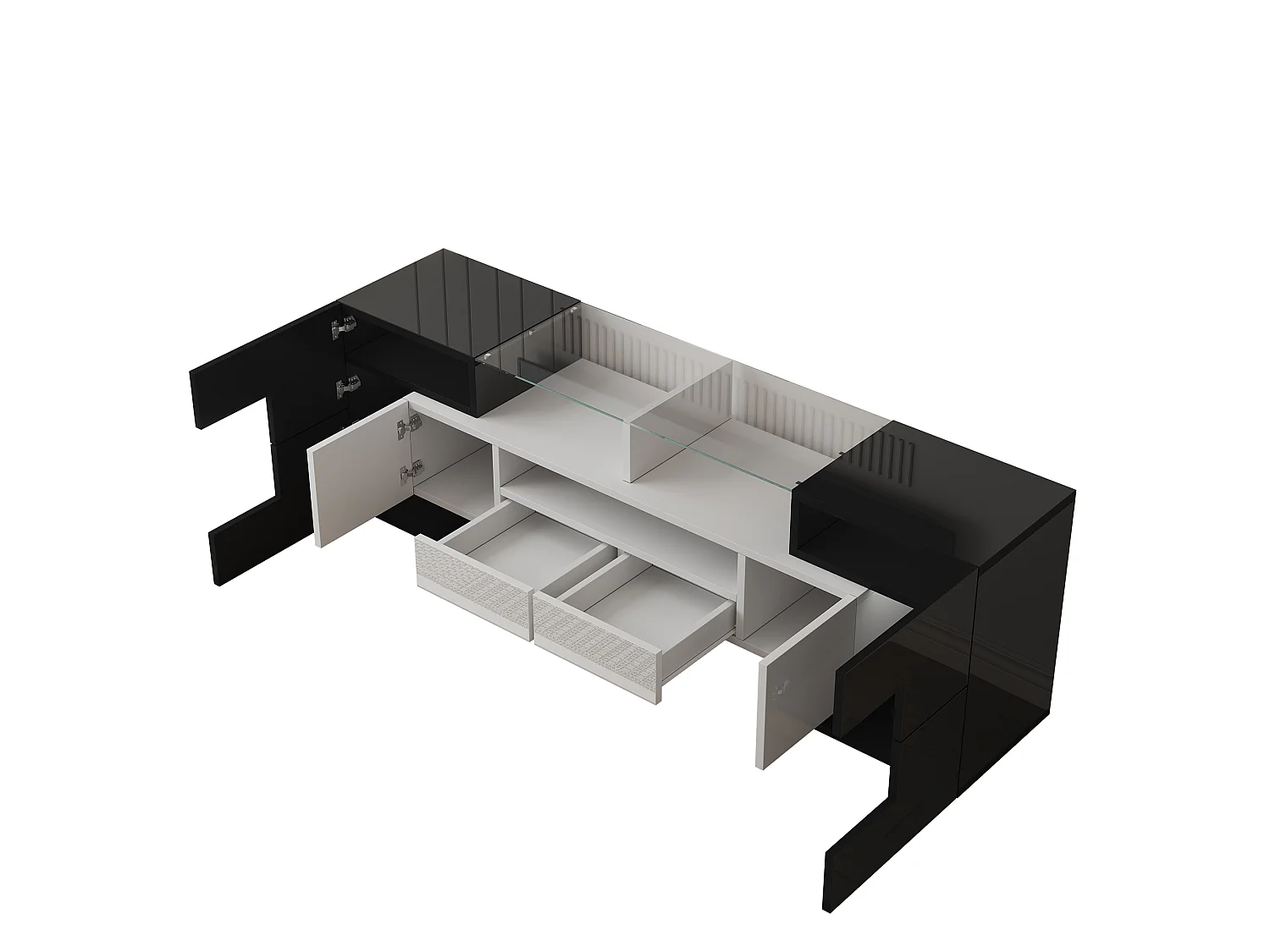 Mueble de TV moderno de alto brillo con iluminación LED, 4 puertas y 2 cajones, espacio de almacenamiento abierto, color negro
