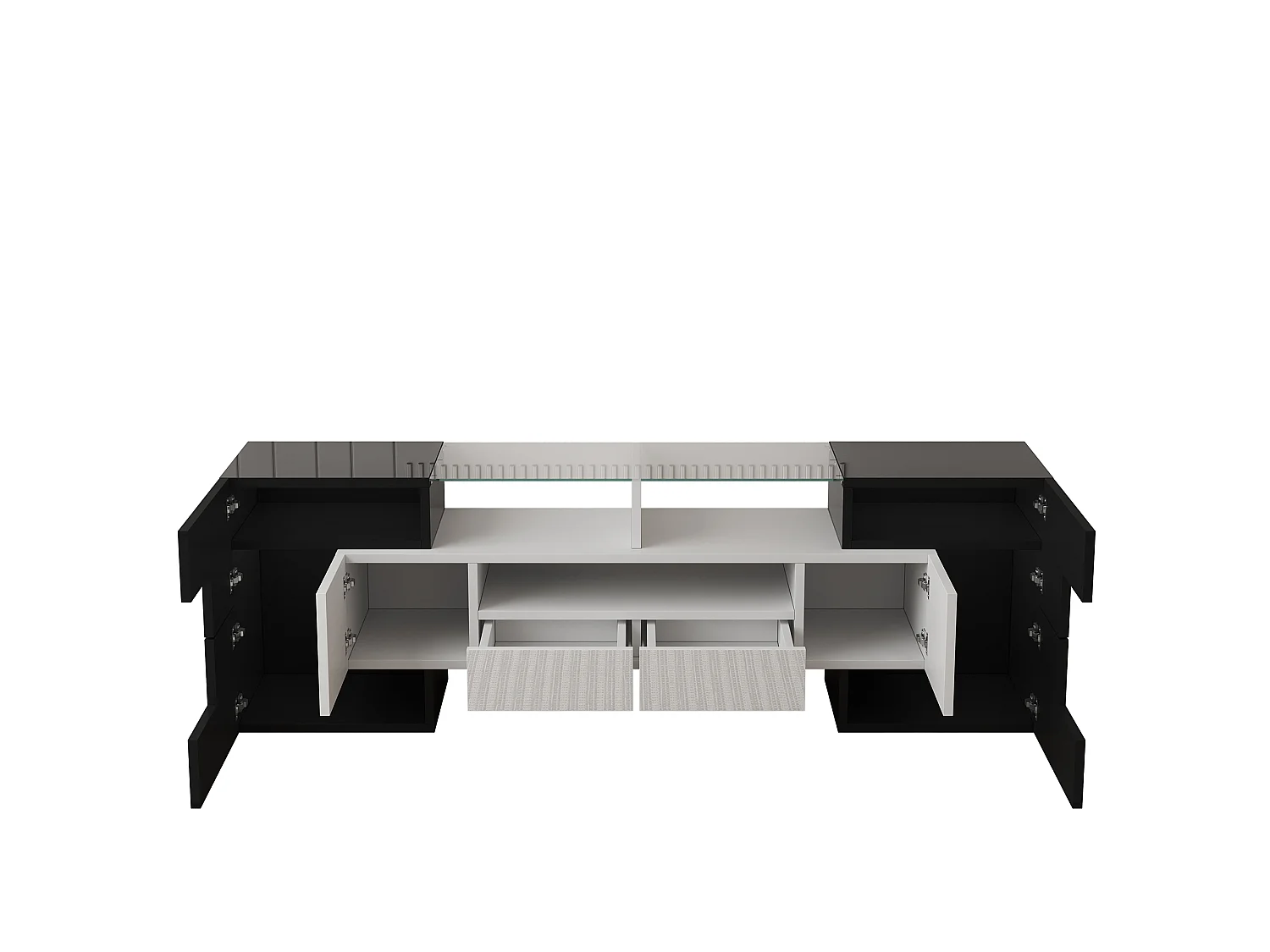 Mueble de TV moderno de alto brillo con iluminación LED, 4 puertas y 2 cajones, espacio de almacenamiento abierto, color negro
