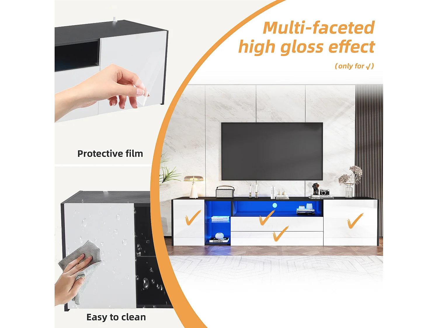 Móvel para TV com iluminação LED brilhante, 2 portas e 2 gavetas - Móvel para TV - 180 cm - Preto e branco