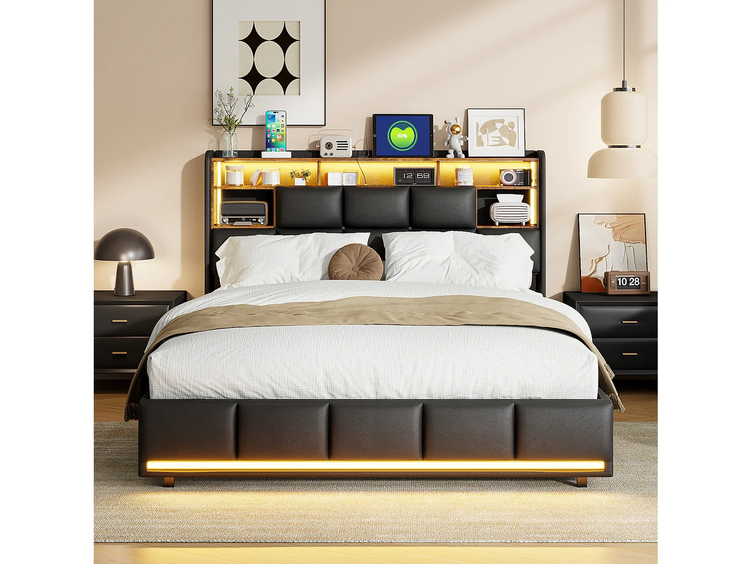 Cama tapizada 140x200 cm, cama doble con somier, con LED y USB, PU, Negro