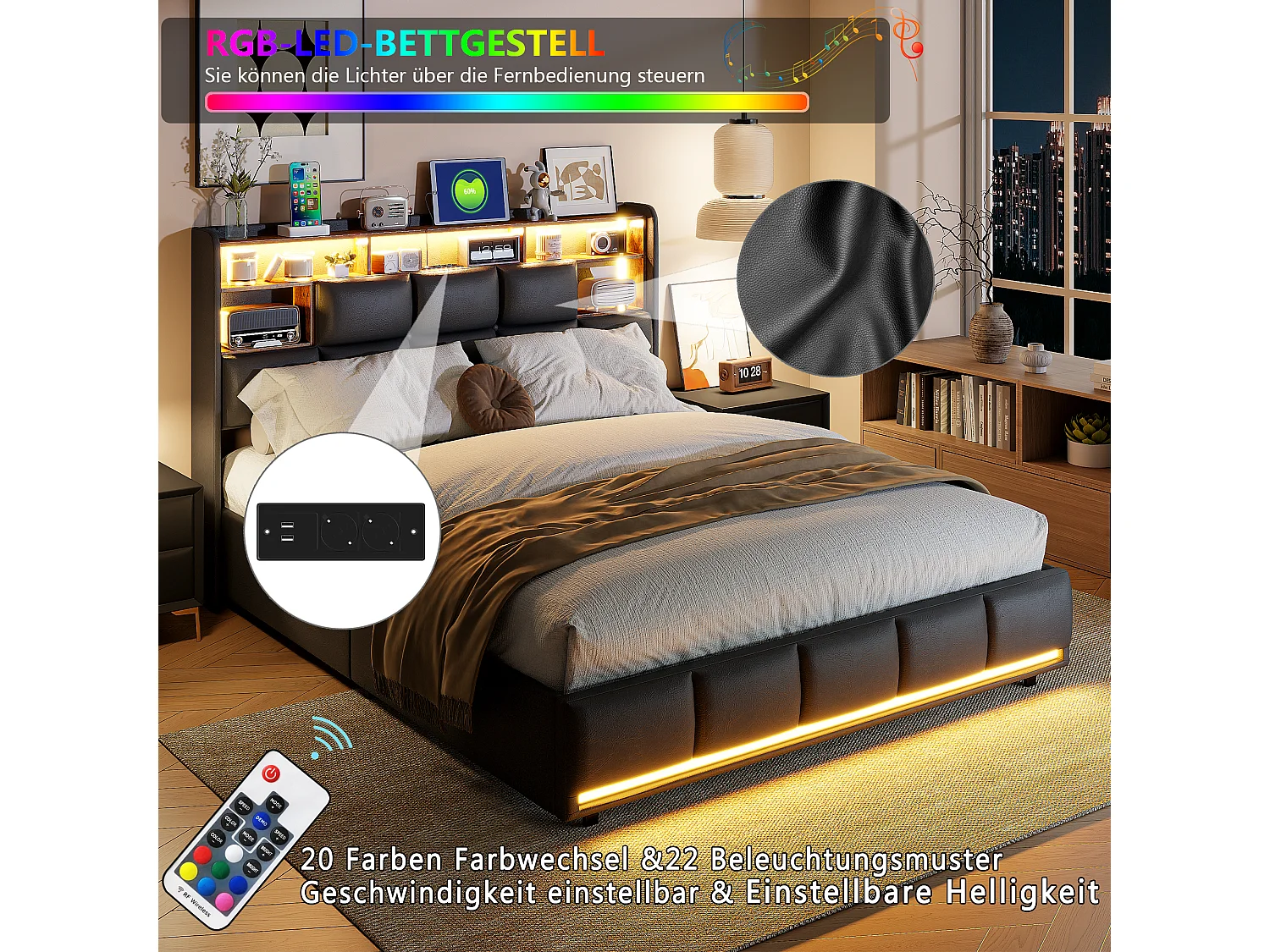 Cama tapizada 140x200 cm, cama doble con somier, con LED y USB, PU, Negro