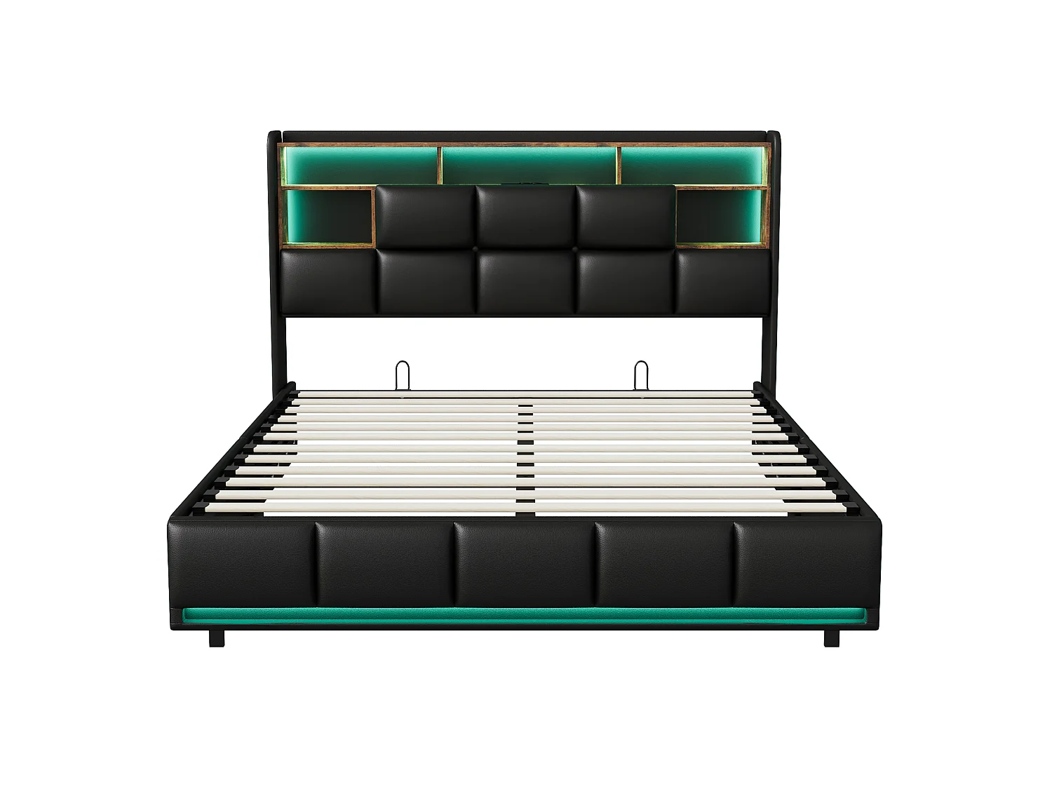 Cama tapizada 140x200 cm, cama doble con somier, con LED y USB, PU, Negro