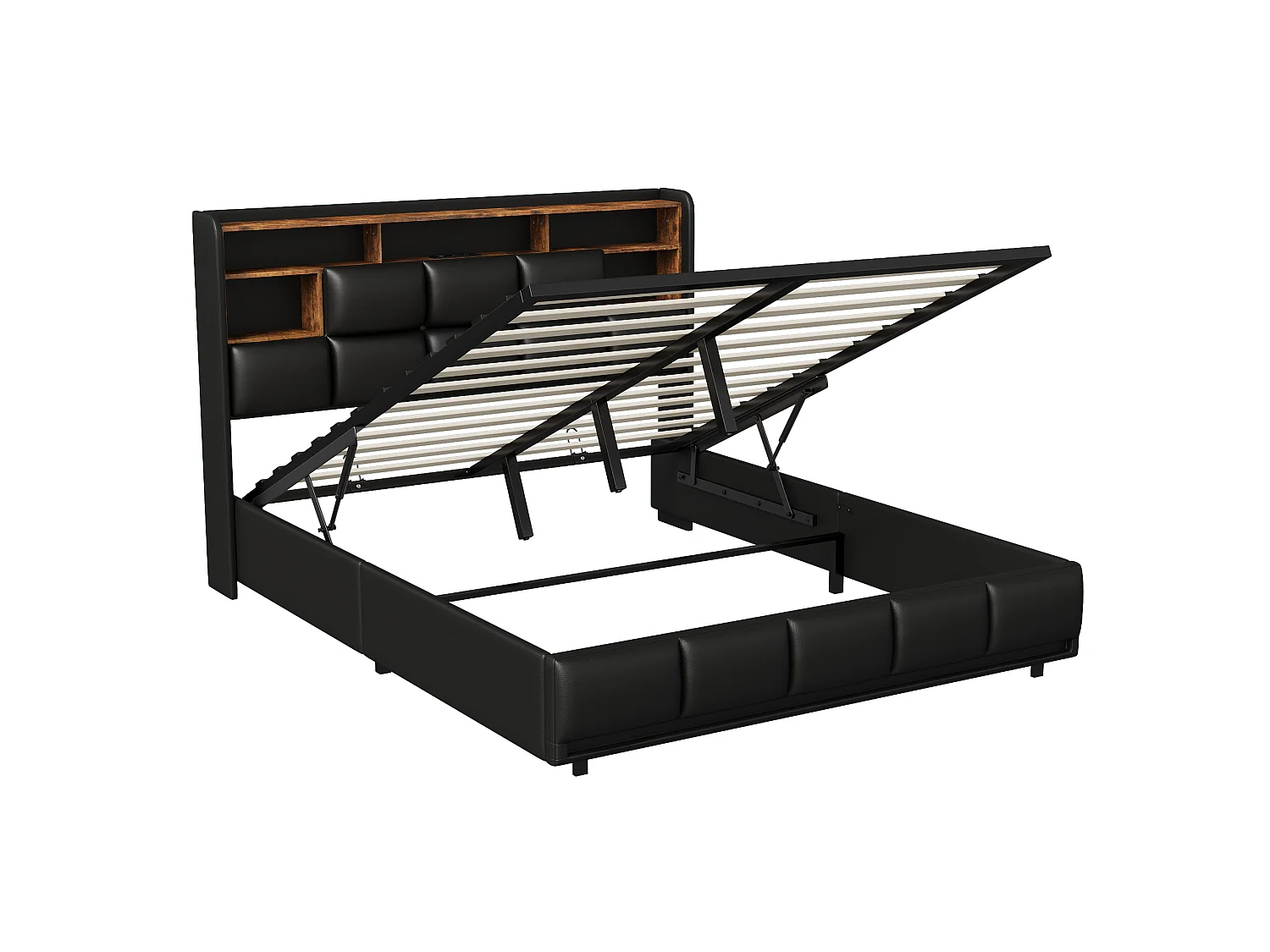 Cama tapizada 140x200 cm, cama doble con somier, con LED y USB, PU, Negro