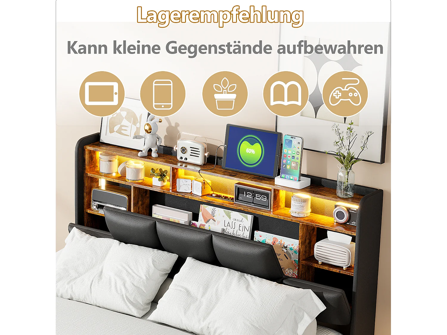 Cama tapizada 140x200 cm, cama doble con somier, con LED y USB, PU, Negro