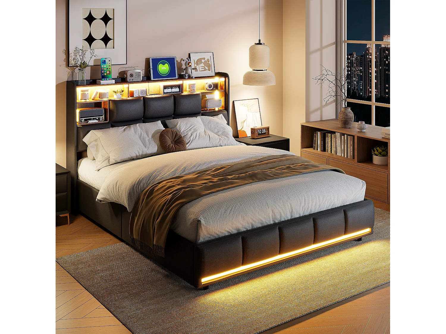 Cama tapizada 140x200 cm, cama doble con somier, con LED y USB, PU, Negro