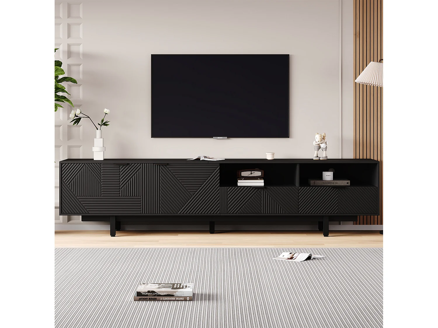 Móvel baixo para TV com 2 portas e 2 gavetas, 2 compartimentos e pés de metal, 200 x 40 x 51 cm, preto