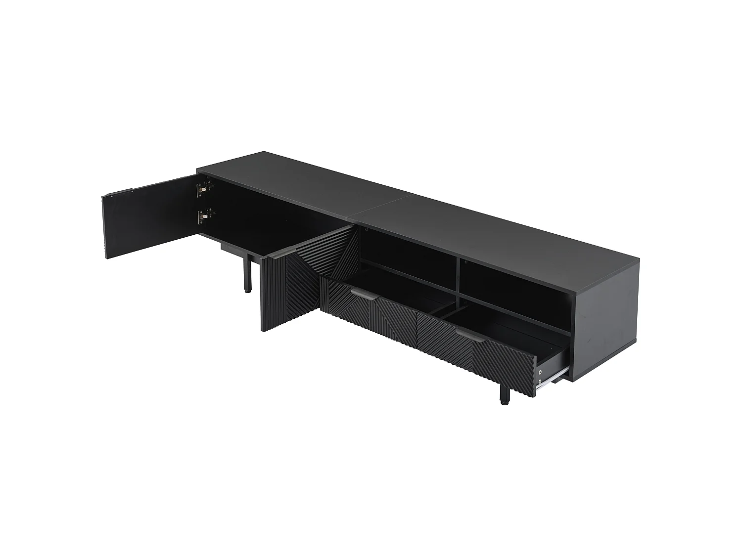 Móvel baixo para TV com 2 portas e 2 gavetas, 2 compartimentos e pés de metal, 200 x 40 x 51 cm, preto
