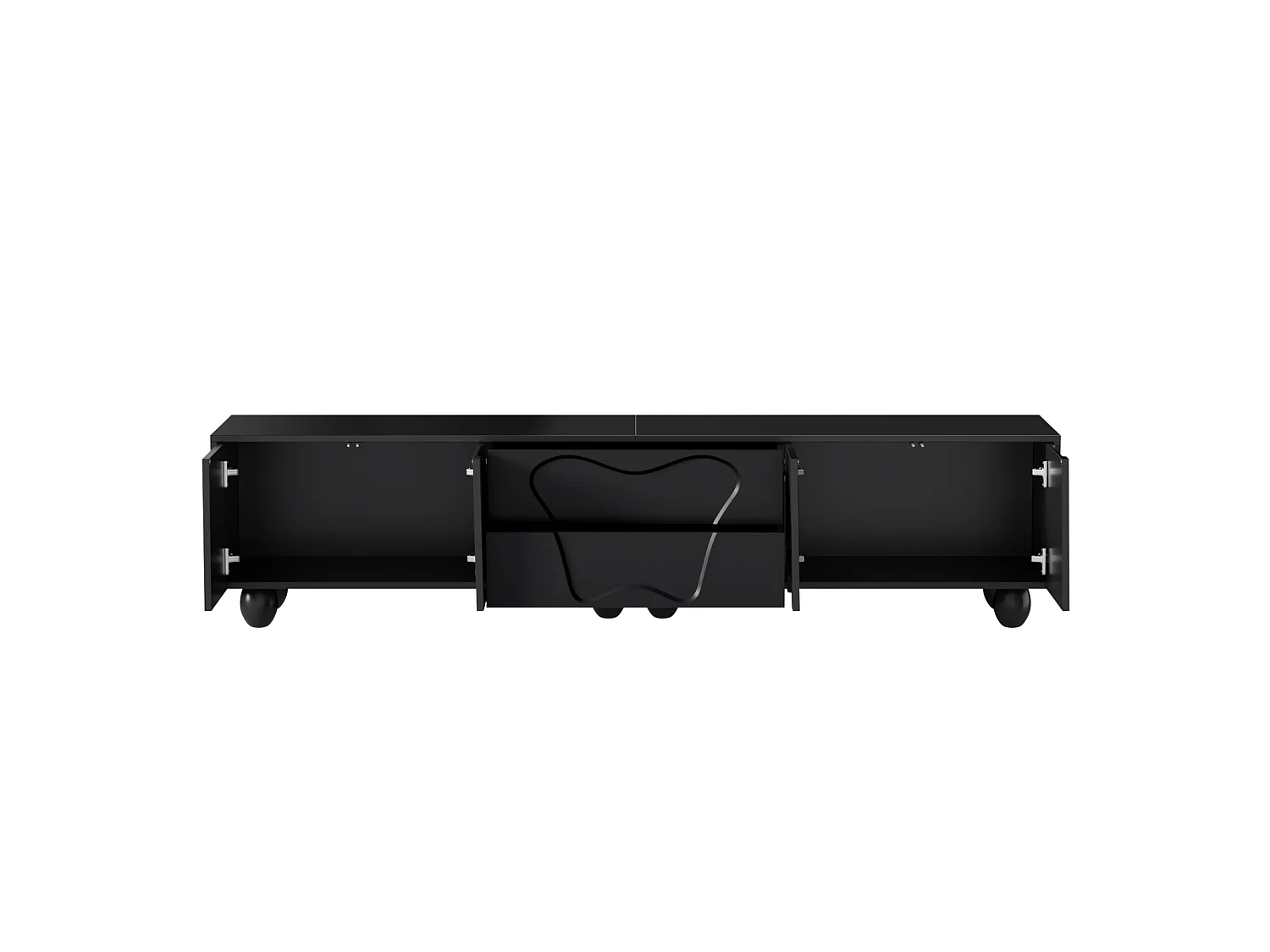 Mobile porta TV nero da 180 cm con gambe in legno, design minimalista ed elegante, con contenitore, per soggiorno