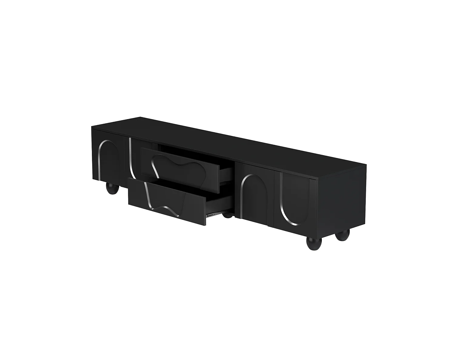 Mobile porta TV nero da 180 cm con gambe in legno, design minimalista ed elegante, con contenitore, per soggiorno