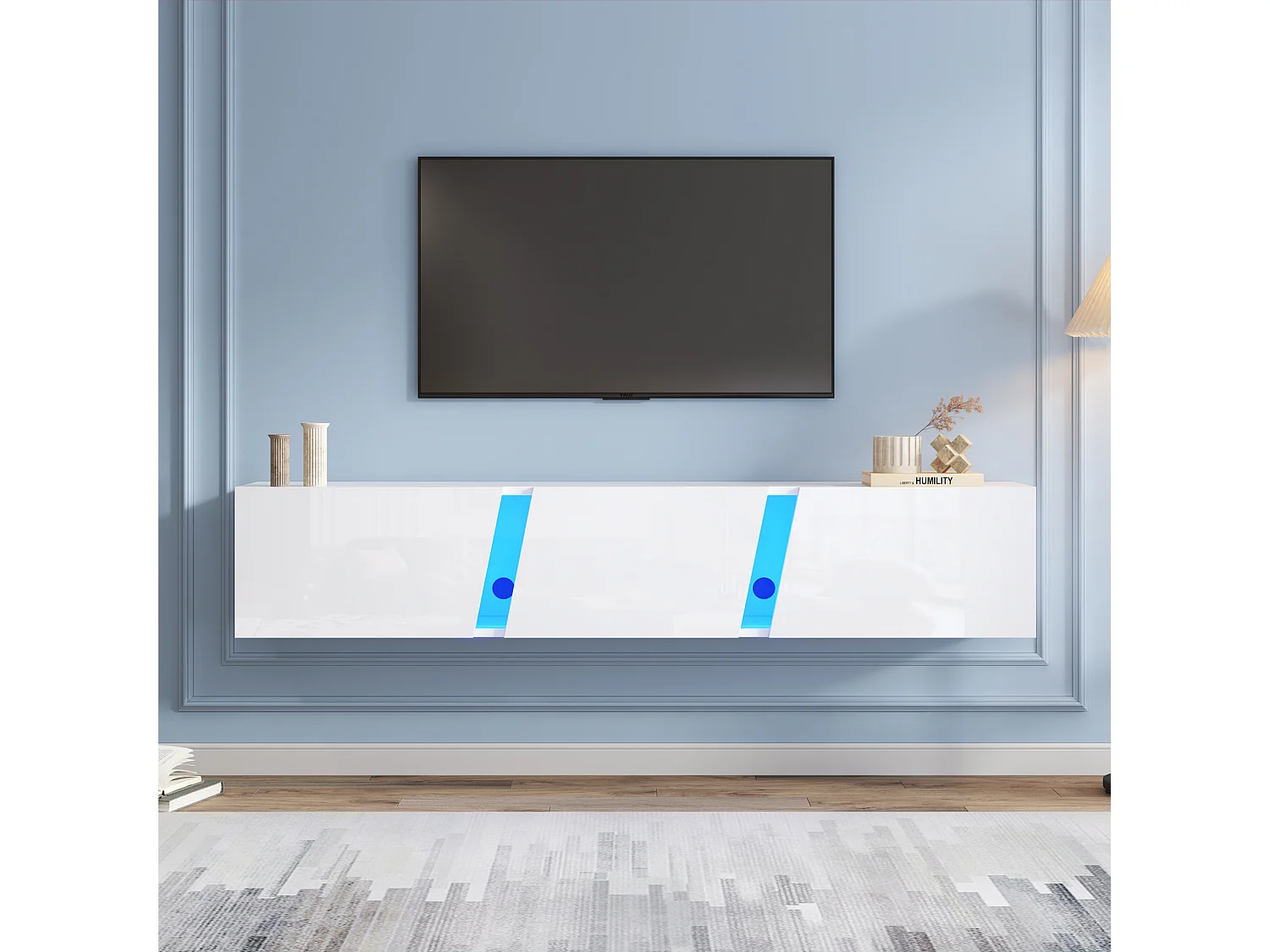 Meuble TV mural bas avec lumières LED et 3 portes d'armoire - Convient pour TV de 75"