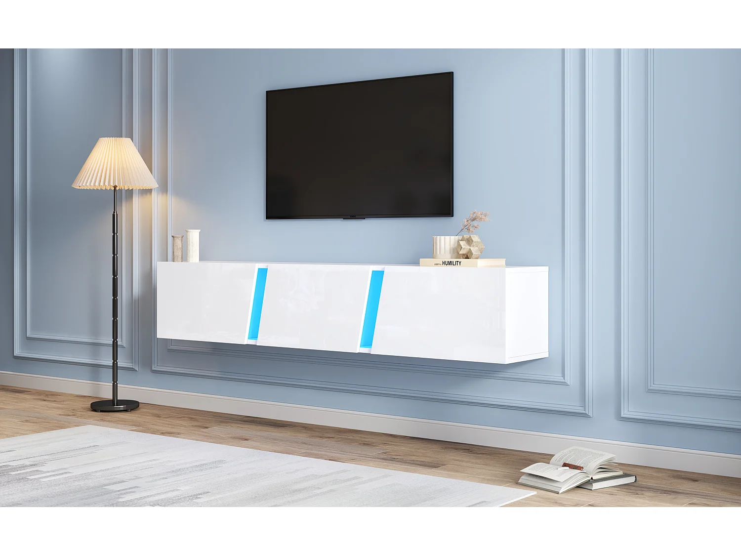 Meuble TV mural bas avec lumières LED et 3 portes d'armoire - Convient pour TV de 75"