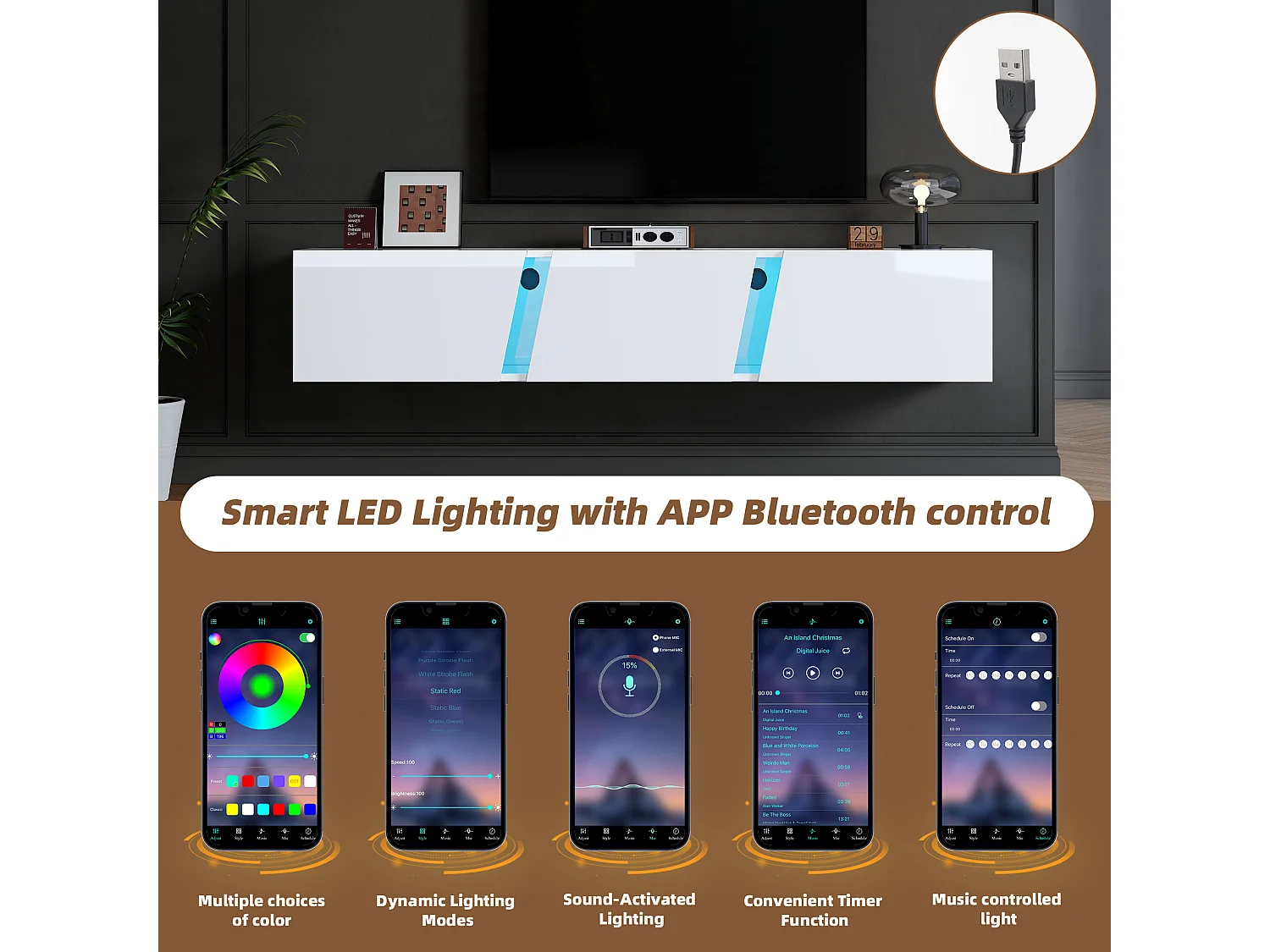 Meuble TV mural bas avec lumières LED et 3 portes d'armoire - Convient pour TV de 75"