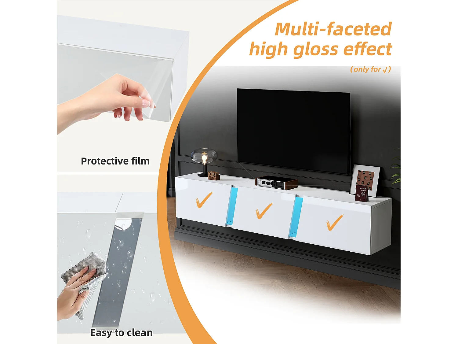 Meuble TV mural bas avec lumières LED et 3 portes d'armoire - Convient pour TV de 75"