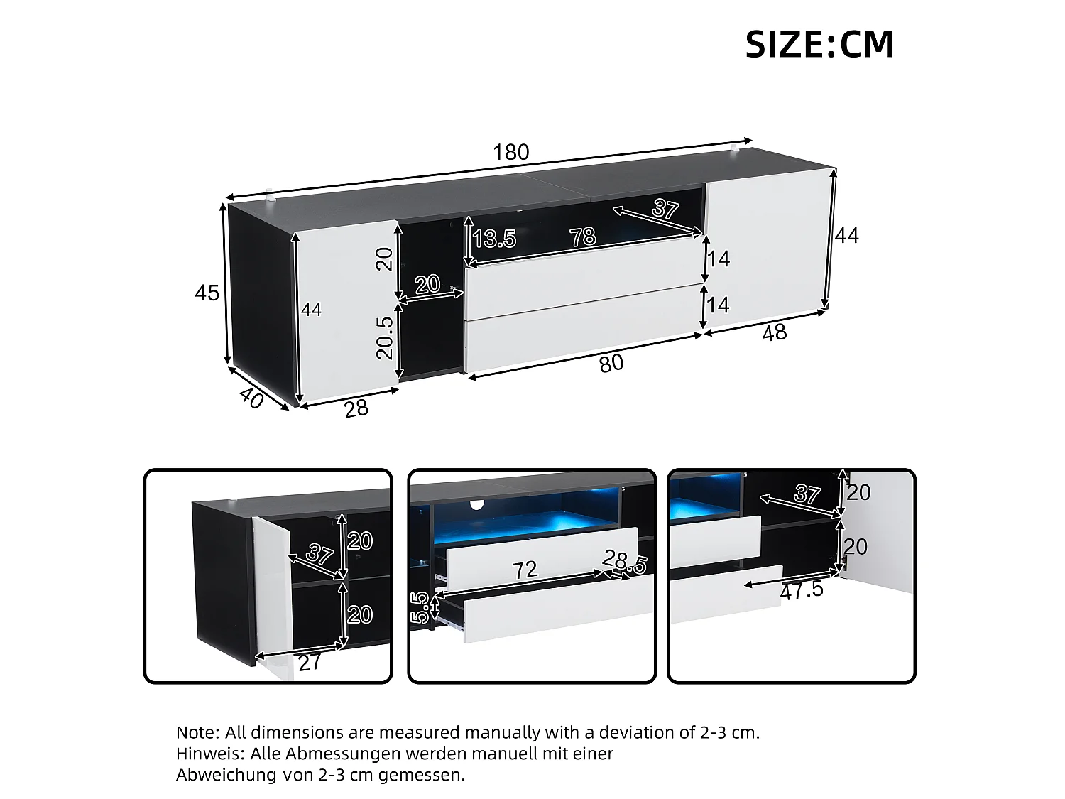 Móvel para TV com iluminação LED brilhante, 2 portas e 2 gavetas - Móvel para TV - 180 cm - Preto e branco