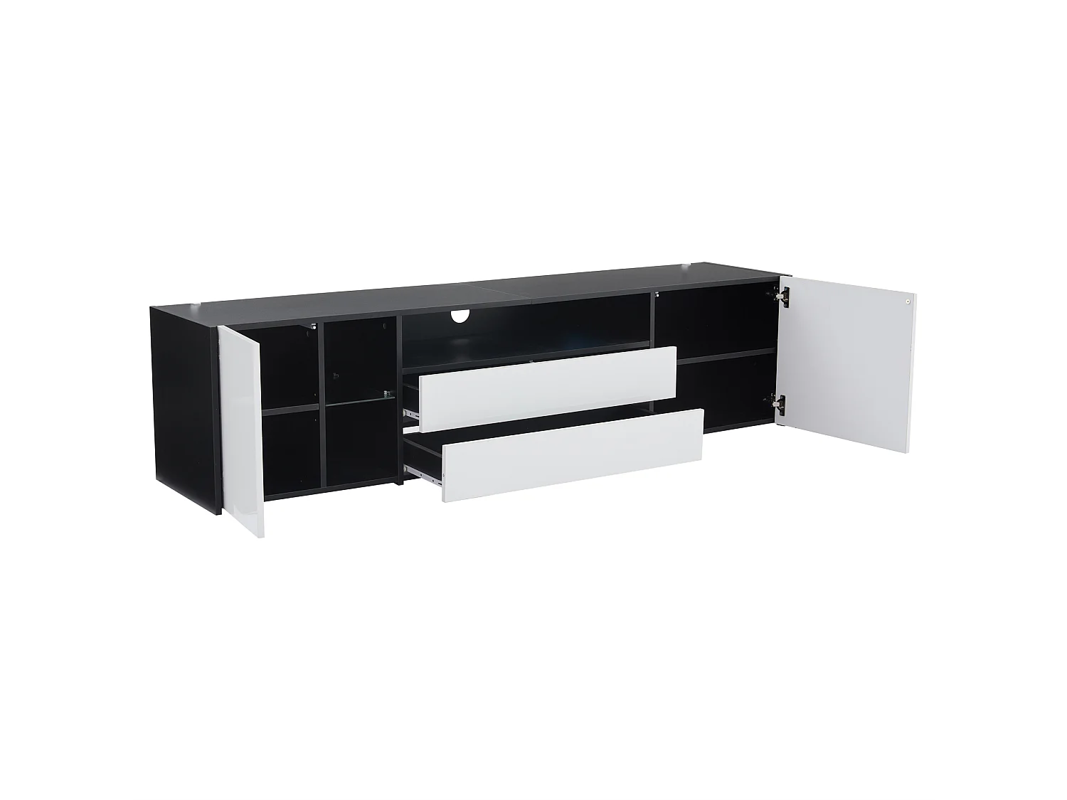 Móvel para TV com iluminação LED brilhante, 2 portas e 2 gavetas - Móvel para TV - 180 cm - Preto e branco