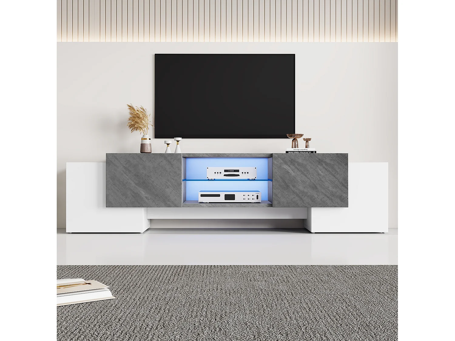 Meuble TV bas avec éclairage LED - Support TV avec 4 portes, étagères en verre - Blanc et gris