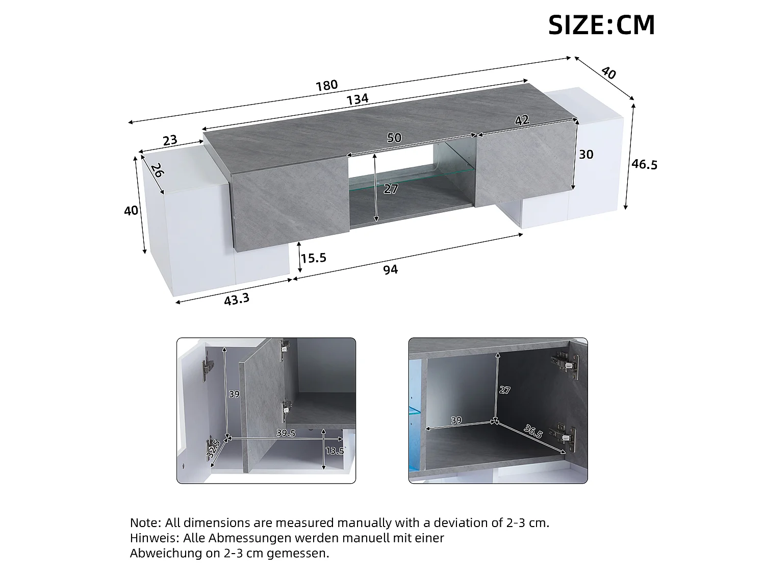 Meuble TV bas avec éclairage LED - Support TV avec 4 portes, étagères en verre - Blanc et gris