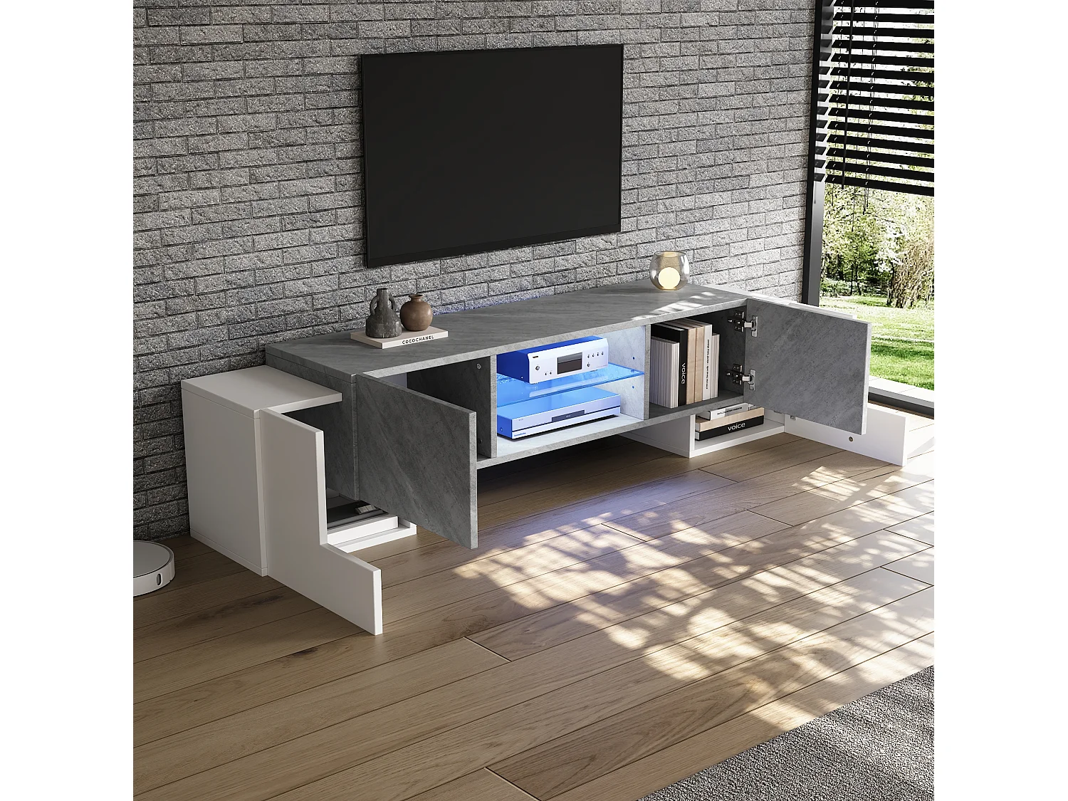 Meuble TV bas avec éclairage LED - Support TV avec 4 portes, étagères en verre - Blanc et gris