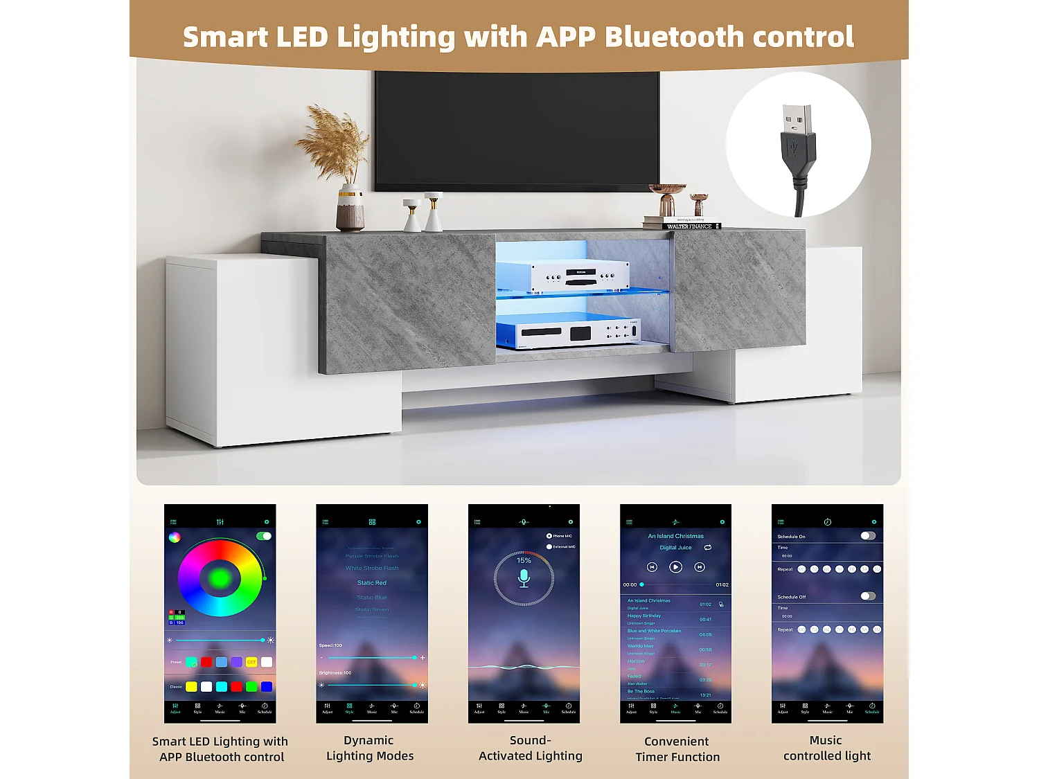 Meuble TV bas avec éclairage LED - Support TV avec 4 portes, étagères en verre - Blanc et gris