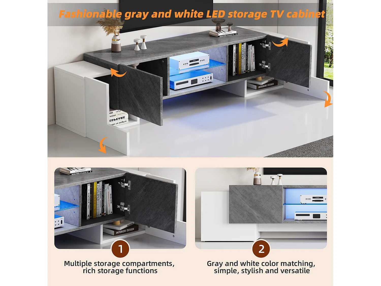 Meuble TV bas avec éclairage LED - Support TV avec 4 portes, étagères en verre - Blanc et gris