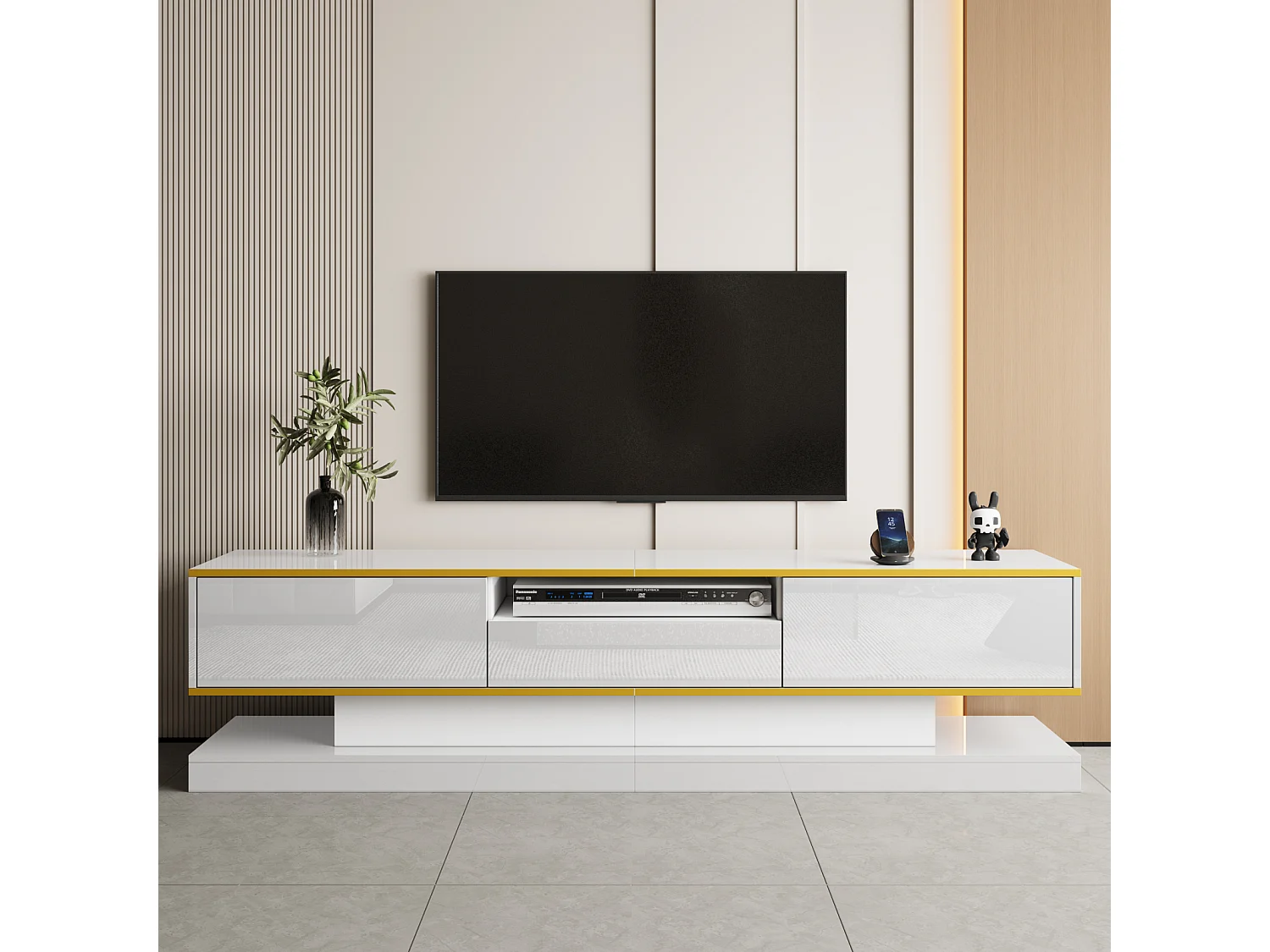 Mueble TV de 180cm con iluminación LED, acabado brillo con 3 cajones y un compartimento abierto, color blanco