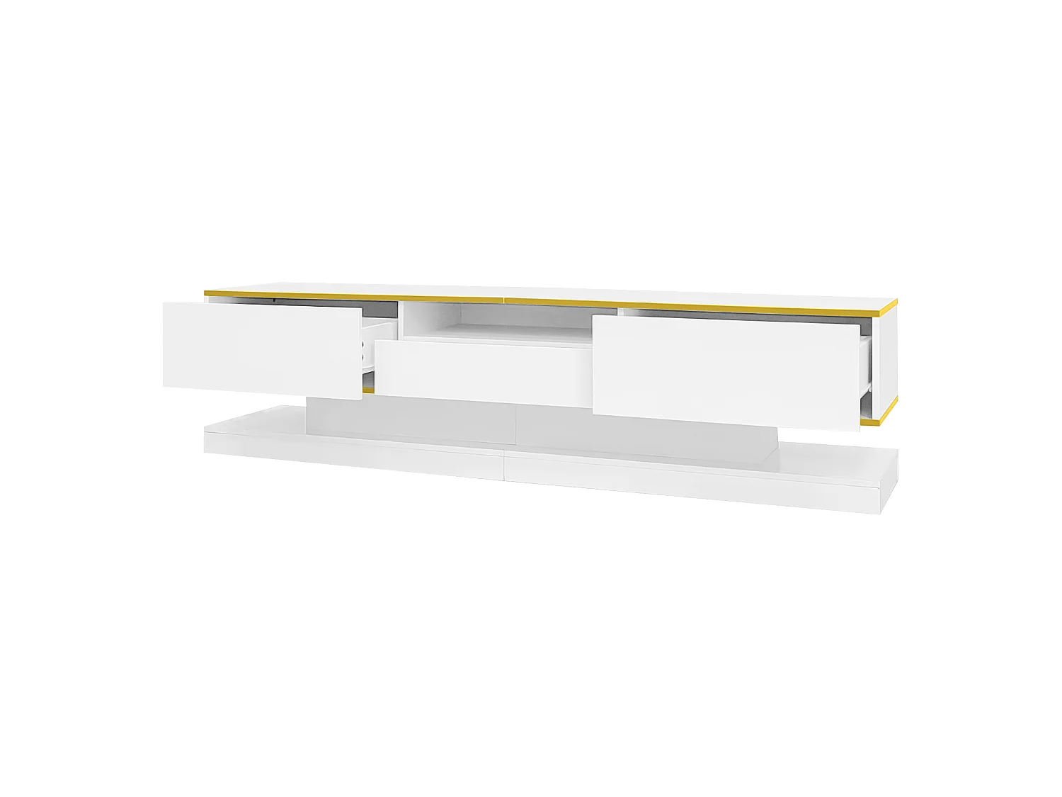 Mueble TV de 180cm con iluminación LED, acabado brillo con 3 cajones y un compartimento abierto, color blanco