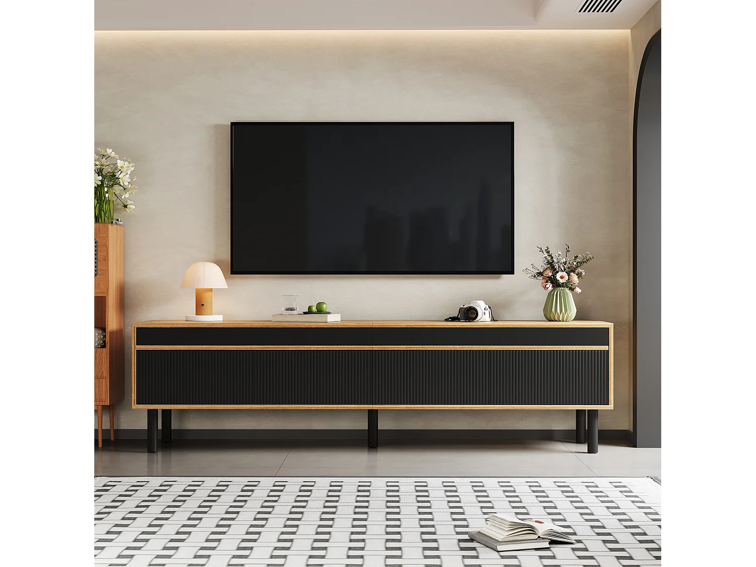 Meuble TV en Bois et Noir, Meuble TV Bas avec 4 Portes, Couloir et Chambre à Coucher, 170x38x47.7cm