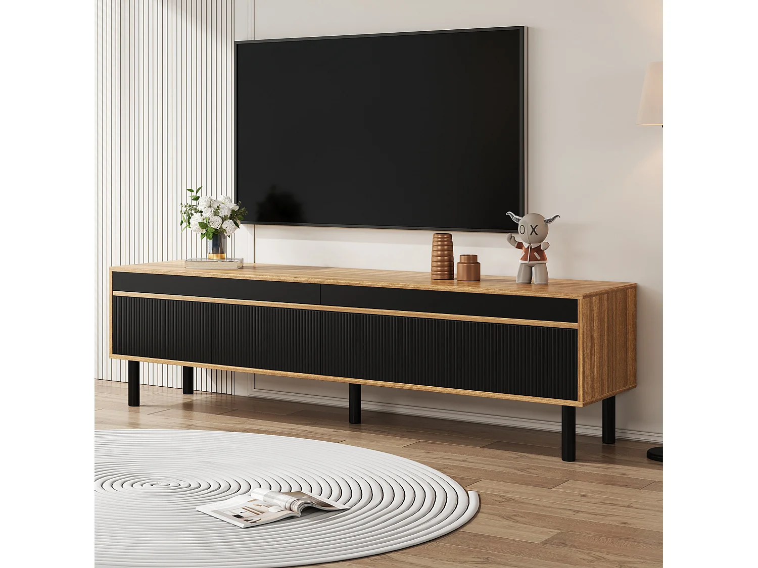 Meuble TV en Bois et Noir, Meuble TV Bas avec 4 Portes, Couloir et Chambre à Coucher, 170x38x47.7cm