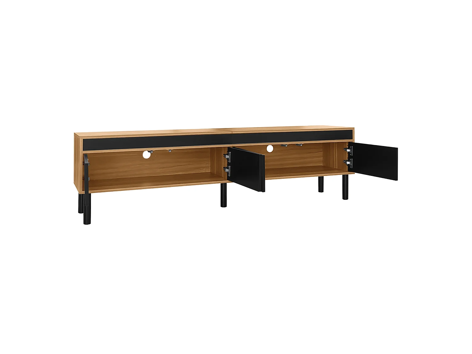 Meuble TV en Bois et Noir, Meuble TV Bas avec 4 Portes, Couloir et Chambre à Coucher, 170x38x47.7cm