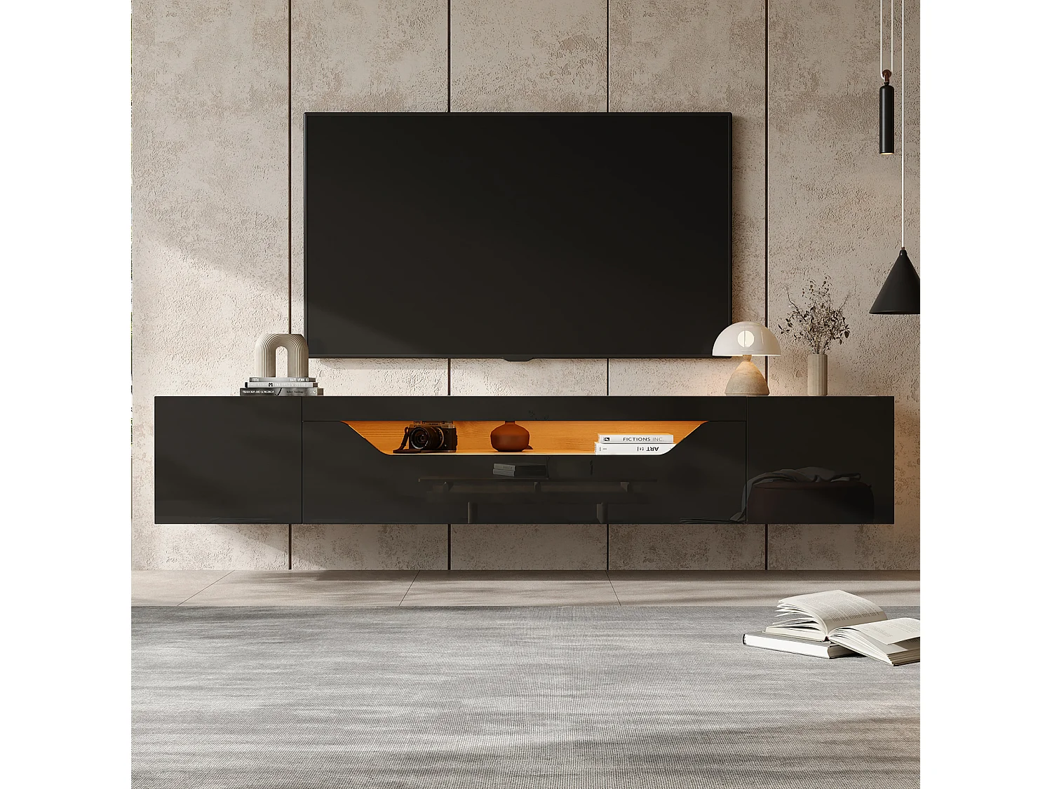 Móvel de parede baixo e brilhante para TV com iluminação LED - Com porta dobrável - Prateleira de parede de 180 cm - Preto