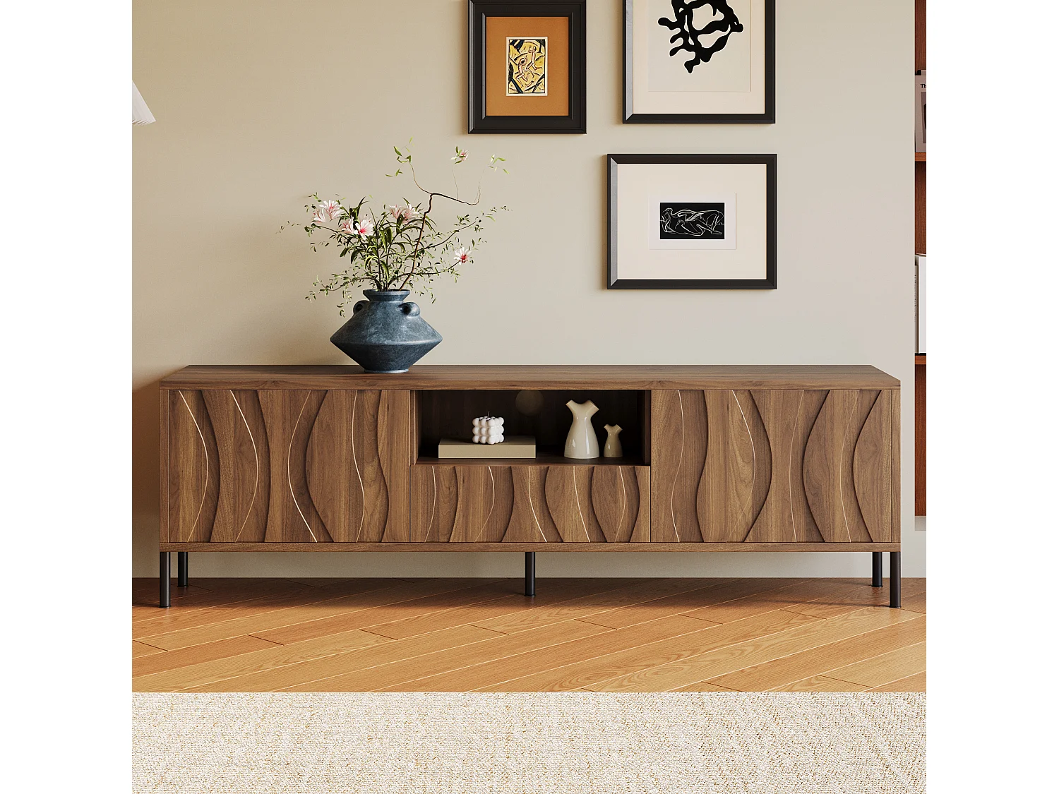 Lage tv-kast 160 × 35 × 46 cm met 3 deuren, modern lowboard voor woonkamer, praktische opbergruimte, bruin