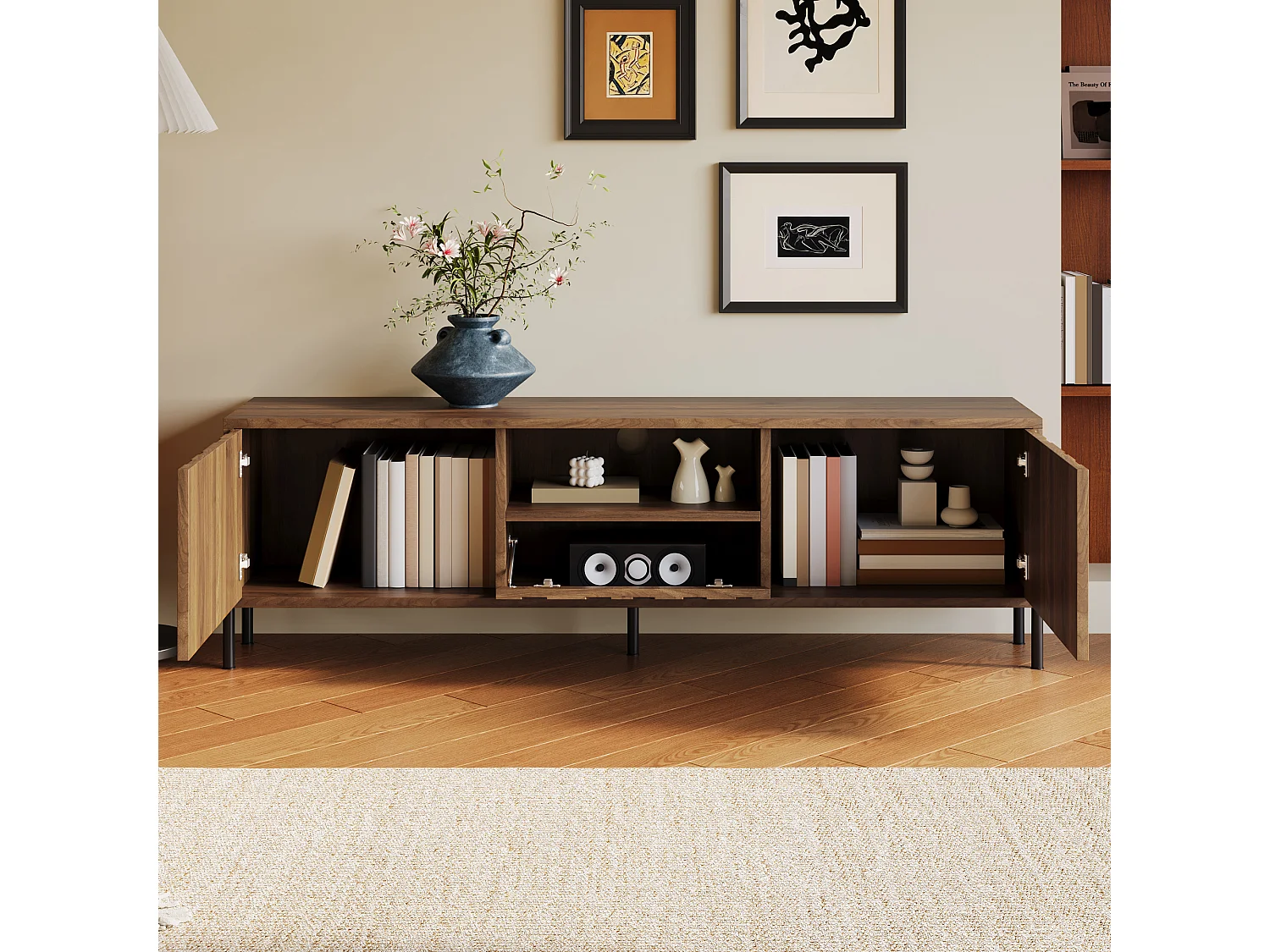 Lage tv-kast 160 × 35 × 46 cm met 3 deuren, modern lowboard voor woonkamer, praktische opbergruimte, bruin