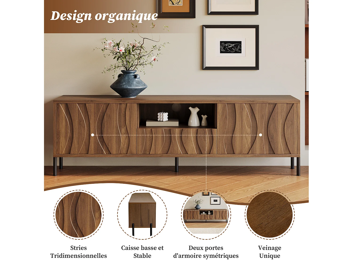 Lage tv-kast 160 × 35 × 46 cm met 3 deuren, modern lowboard voor woonkamer, praktische opbergruimte, bruin