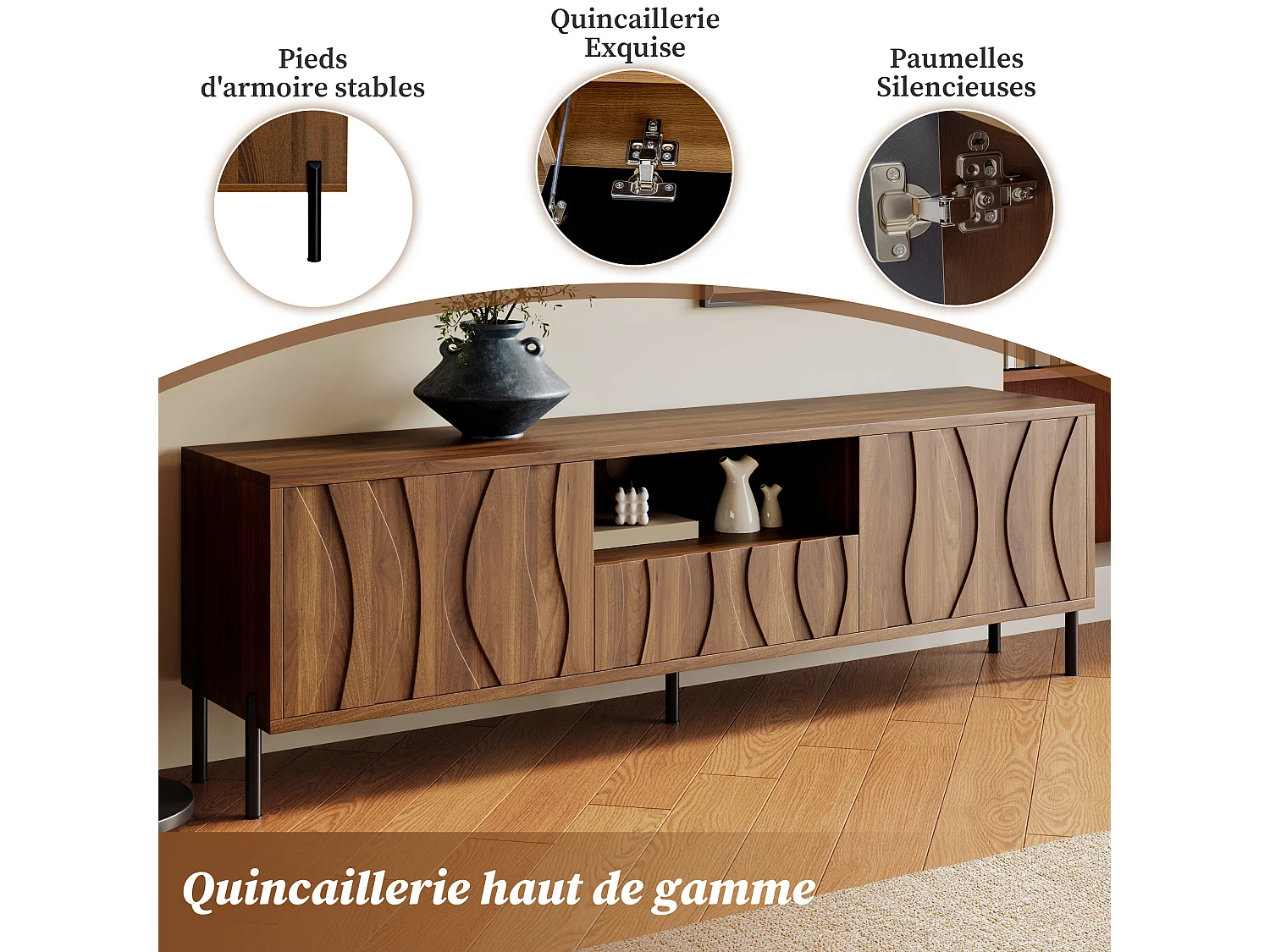 Lage tv-kast 160 × 35 × 46 cm met 3 deuren, modern lowboard voor woonkamer, praktische opbergruimte, bruin