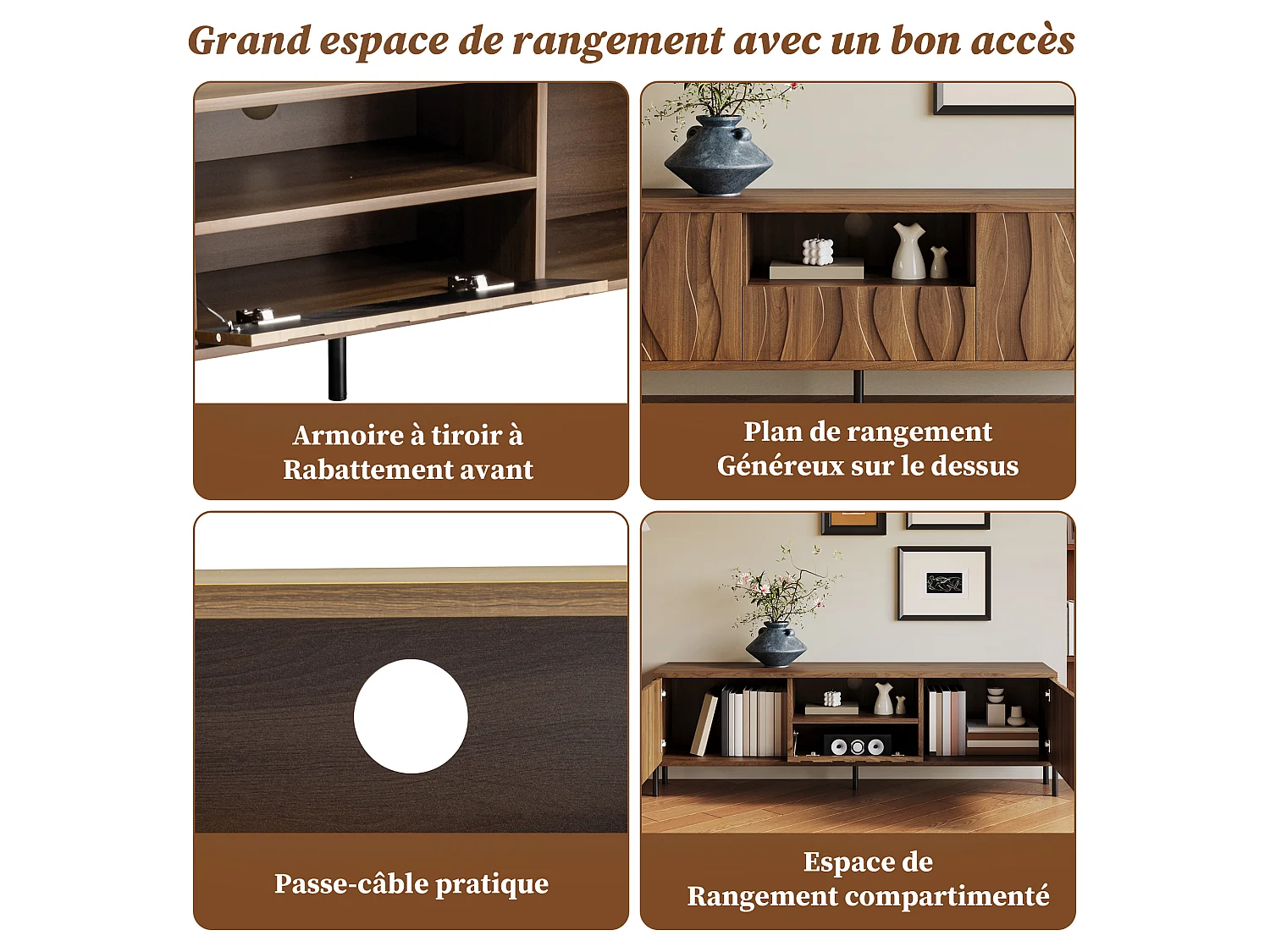 Lage tv-kast 160 × 35 × 46 cm met 3 deuren, modern lowboard voor woonkamer, praktische opbergruimte, bruin