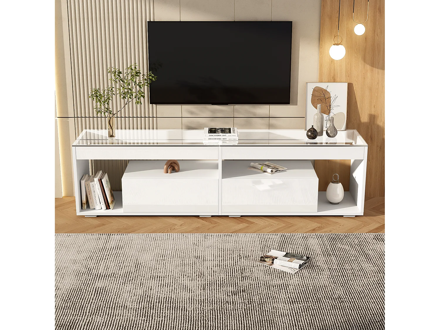 Meuble TV laqué avec LED, avec 2 tiroirs, table console pour salon et chambre, 180x40x46cm, blanc