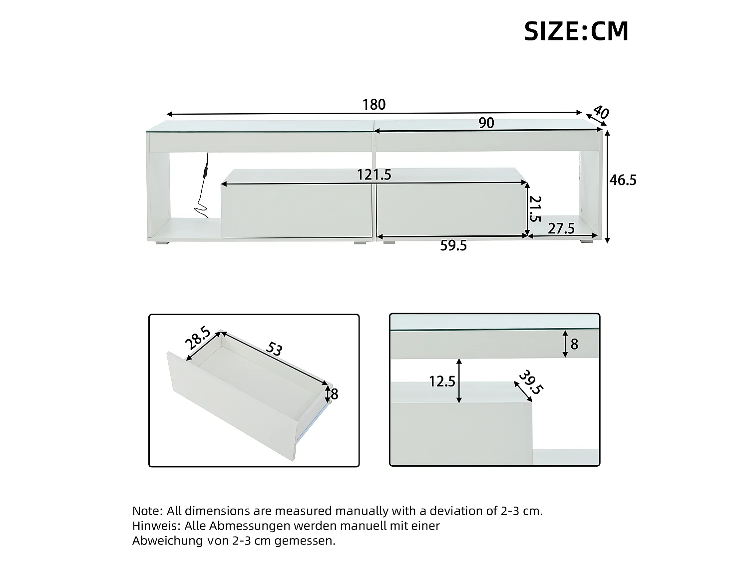 Meuble TV laqué avec LED, avec 2 tiroirs, table console pour salon et chambre, 180x40x46cm, blanc