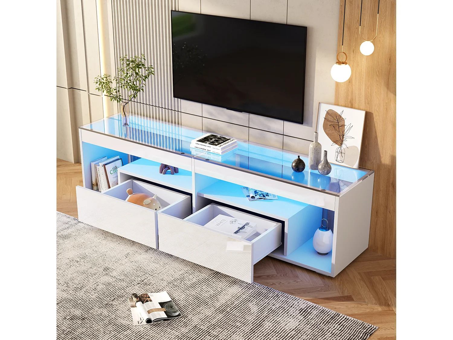 Meuble TV laqué avec LED, avec 2 tiroirs, table console pour salon et chambre, 180x40x46cm, blanc
