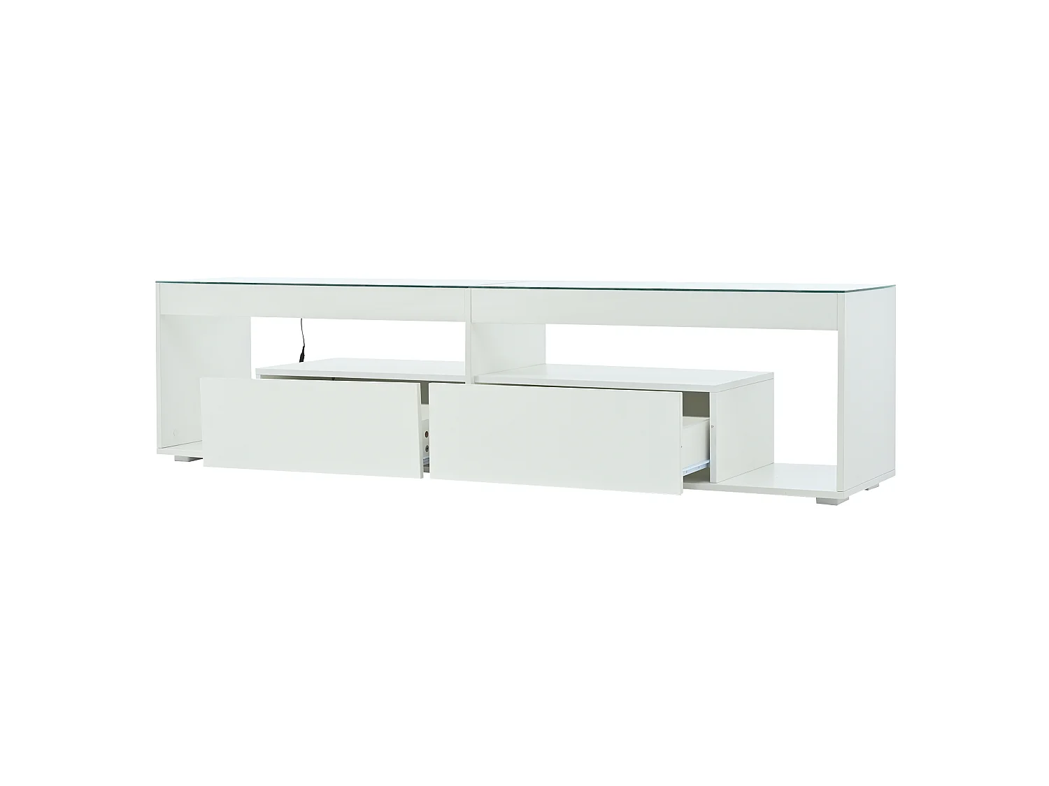 Meuble TV laqué avec LED, avec 2 tiroirs, table console pour salon et chambre, 180x40x46cm, blanc