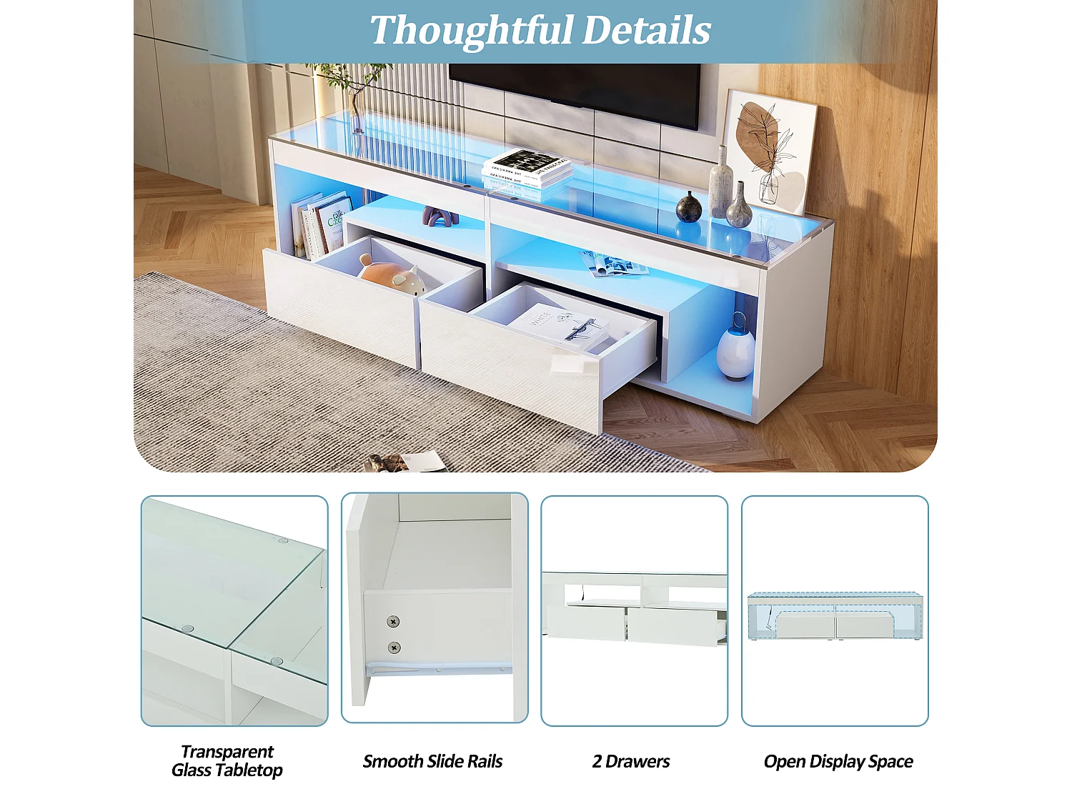 Meuble TV laqué avec LED, avec 2 tiroirs, table console pour salon et chambre, 180x40x46cm, blanc