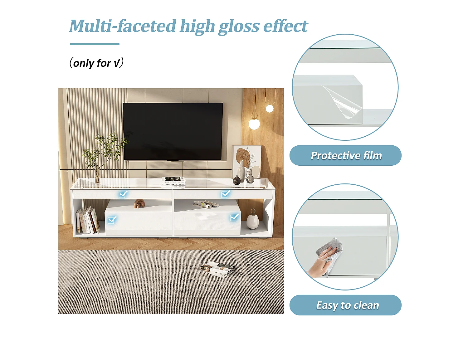 Meuble TV laqué avec LED, avec 2 tiroirs, table console pour salon et chambre, 180x40x46cm, blanc
