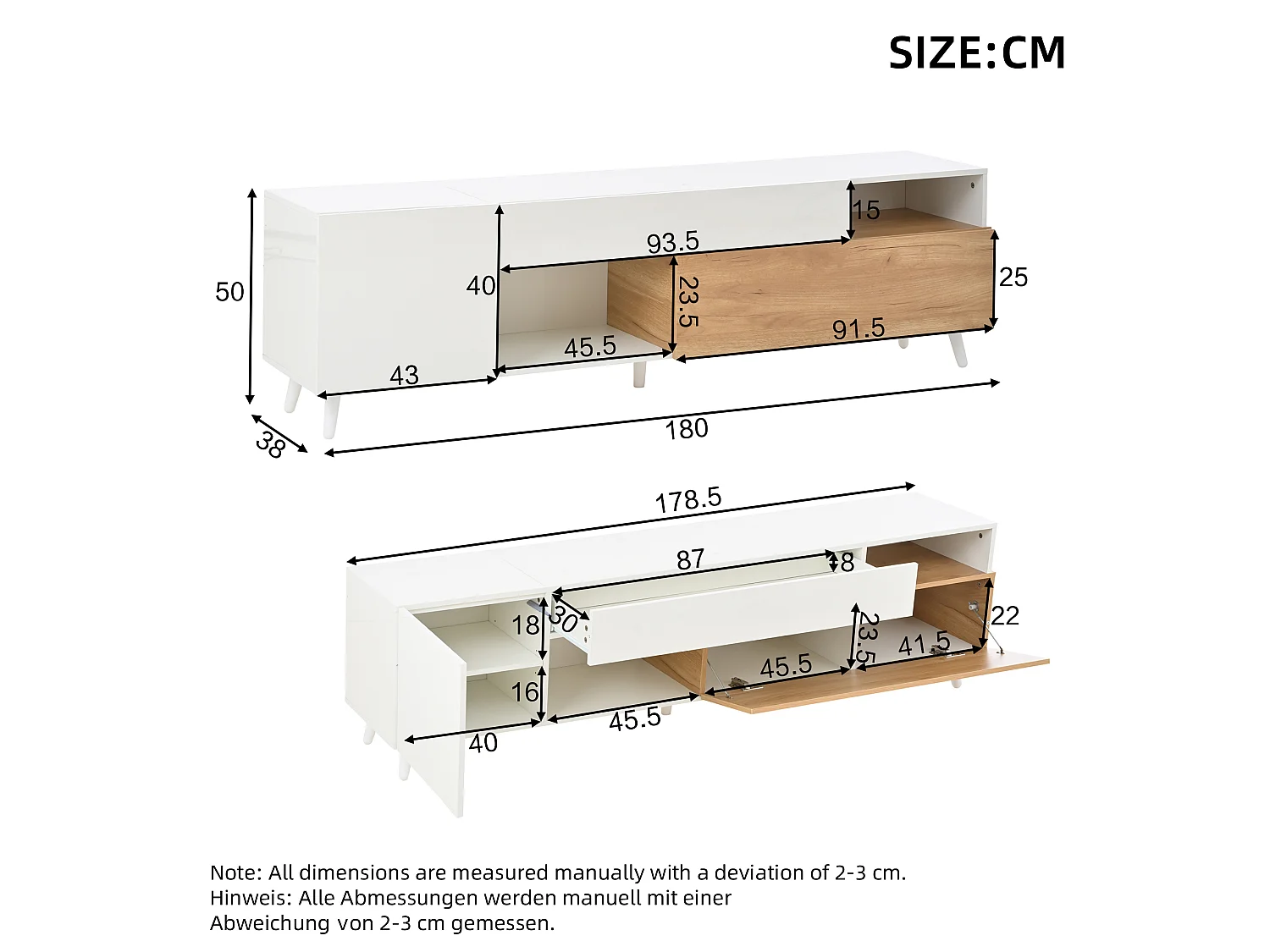 Meuble TV avec 2 Portes, 1 tiroir et 2 niches - 181 cm - Blanc laqué et Naturel