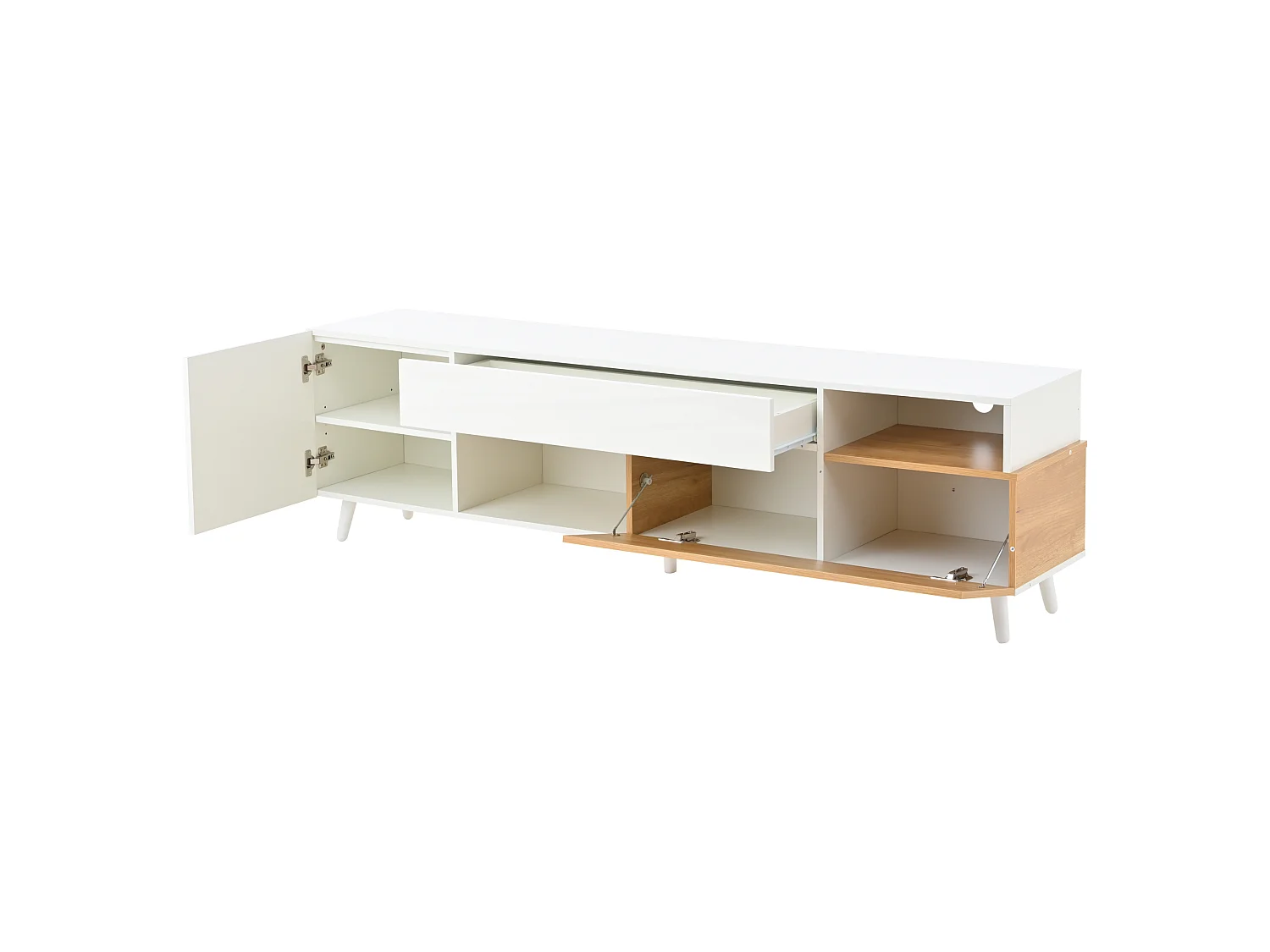 Meuble TV avec 2 Portes, 1 tiroir et 2 niches - 181 cm - Blanc laqué et Naturel