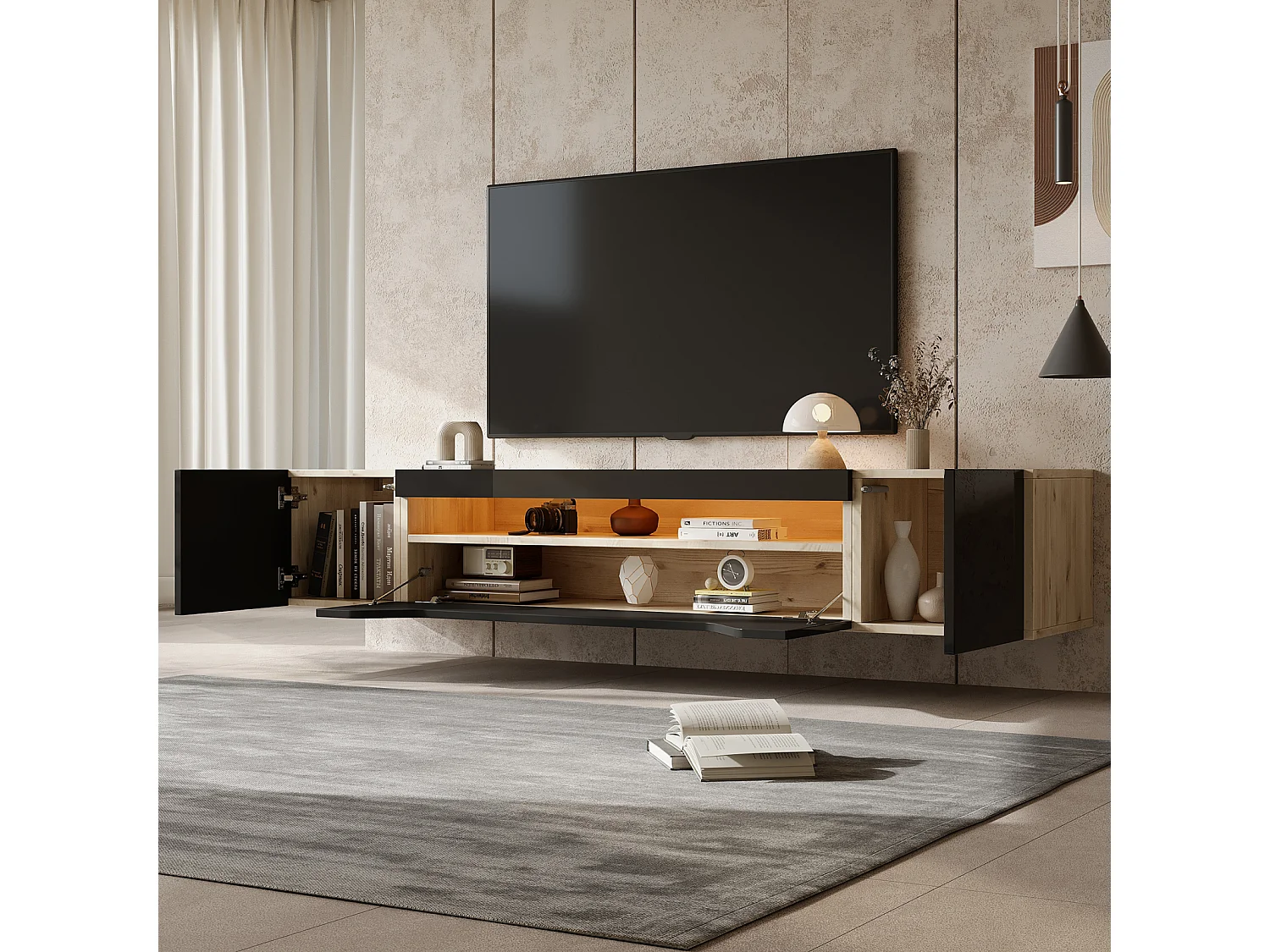 Móvel de parede baixo e brilhante para TV com iluminação LED - Com porta dobrável - Prateleira de parede de 180 cm - Preto